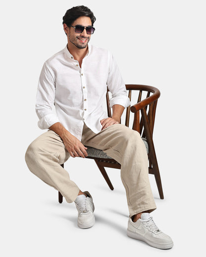 White Linen Mandarin Collar Shirt for Men with Wooden Textured Buttons | INDYSLAY