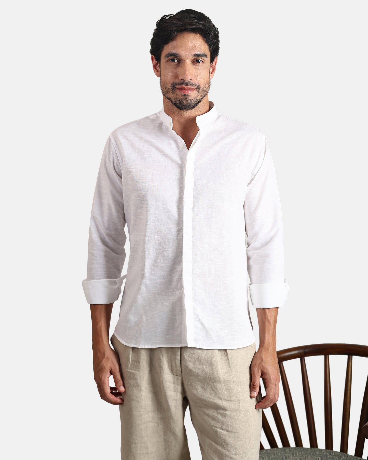 Concealed Placket Premium White Linen Shirt for Men with Mandarin Collar | INDYSLAY