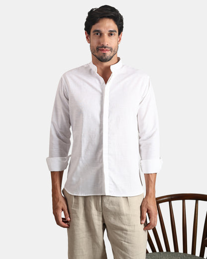 Concealed Placket Premium White Linen Shirt for Men with Mandarin Collar | INDYSLAY