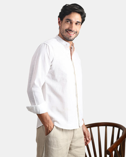 Concealed Placket Premium White Linen Shirt for Men with Mandarin Collar | INDYSLAY