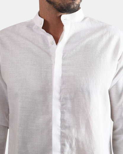 Concealed Placket Premium White Linen Shirt for Men with Mandarin Collar | INDYSLAY