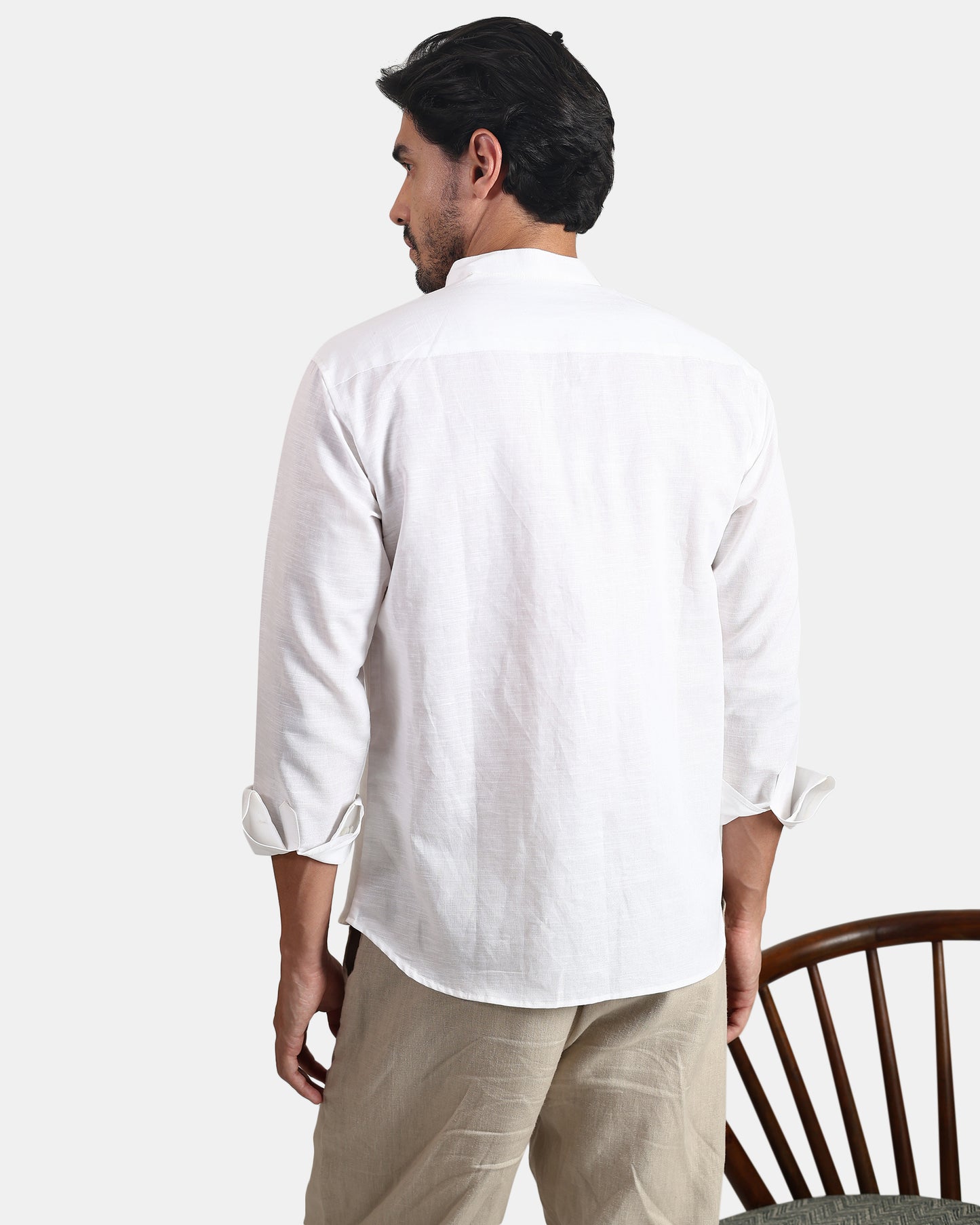 Concealed Placket Premium White Linen Shirt for Men with Mandarin Collar | INDYSLAY