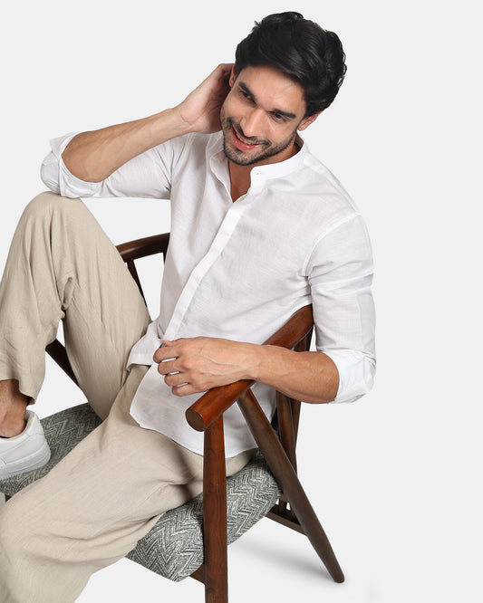 Concealed Placket Premium White Linen Shirt for Men with Mandarin Collar | INDYSLAY