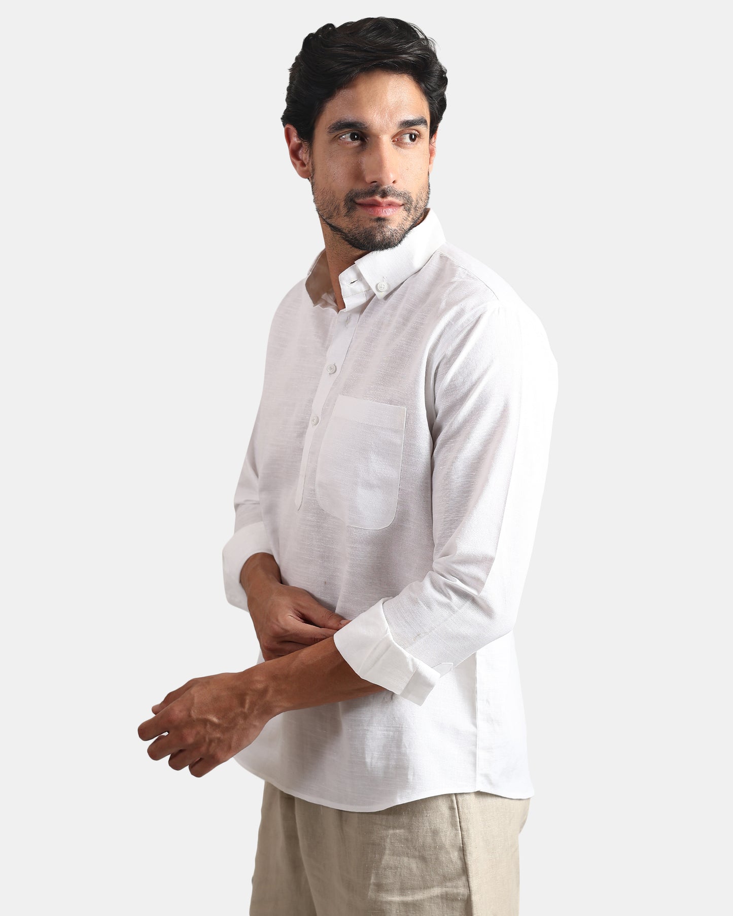 Classic white Linen Kurta Shirt with Down buttoned Collar | INDYSLAY