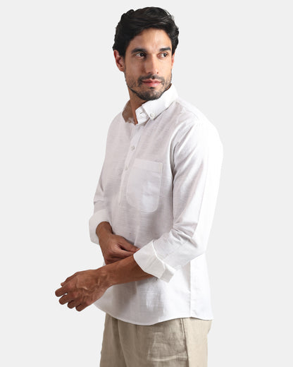 Classic white Linen Kurta Shirt with Down buttoned Collar | INDYSLAY