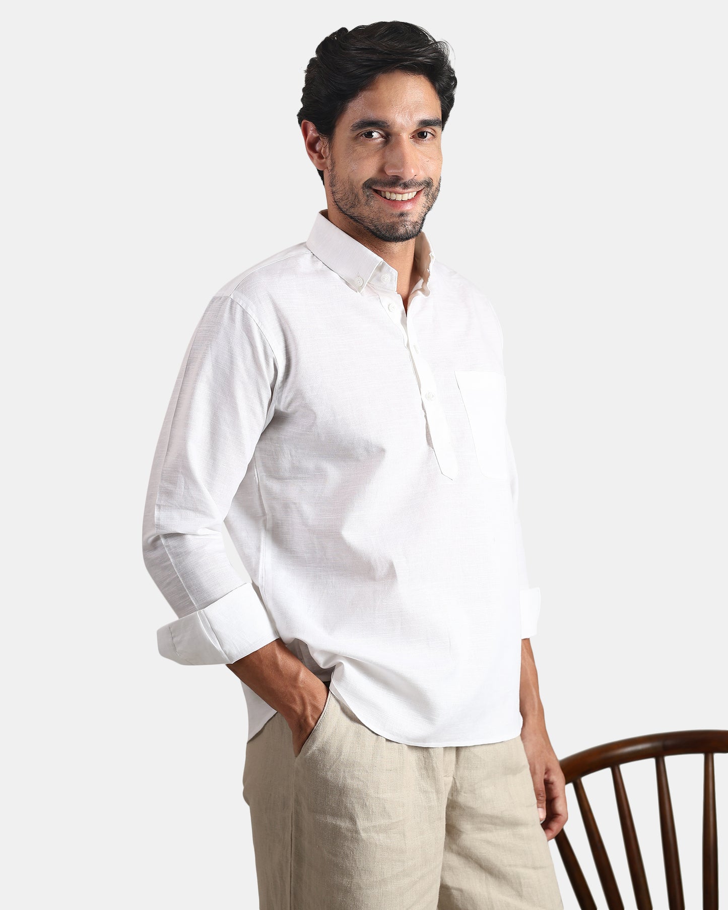 Classic white Linen Kurta Shirt with Down buttoned Collar | INDYSLAY