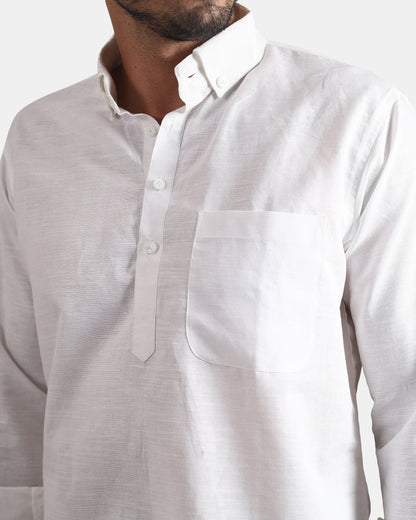 Classic white Linen Kurta Shirt with Down buttoned Collar | INDYSLAY