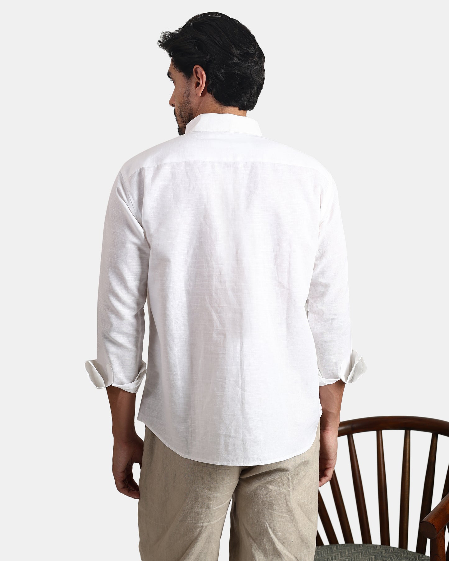 Classic white Linen Kurta Shirt with Down buttoned Collar | INDYSLAY
