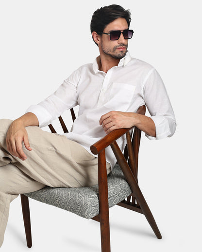 Classic white Linen Kurta Shirt with Down buttoned Collar | INDYSLAY