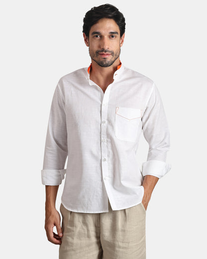 Monarch Detail Premium white Linen Shirt with Mandarin Collar with orange detailing