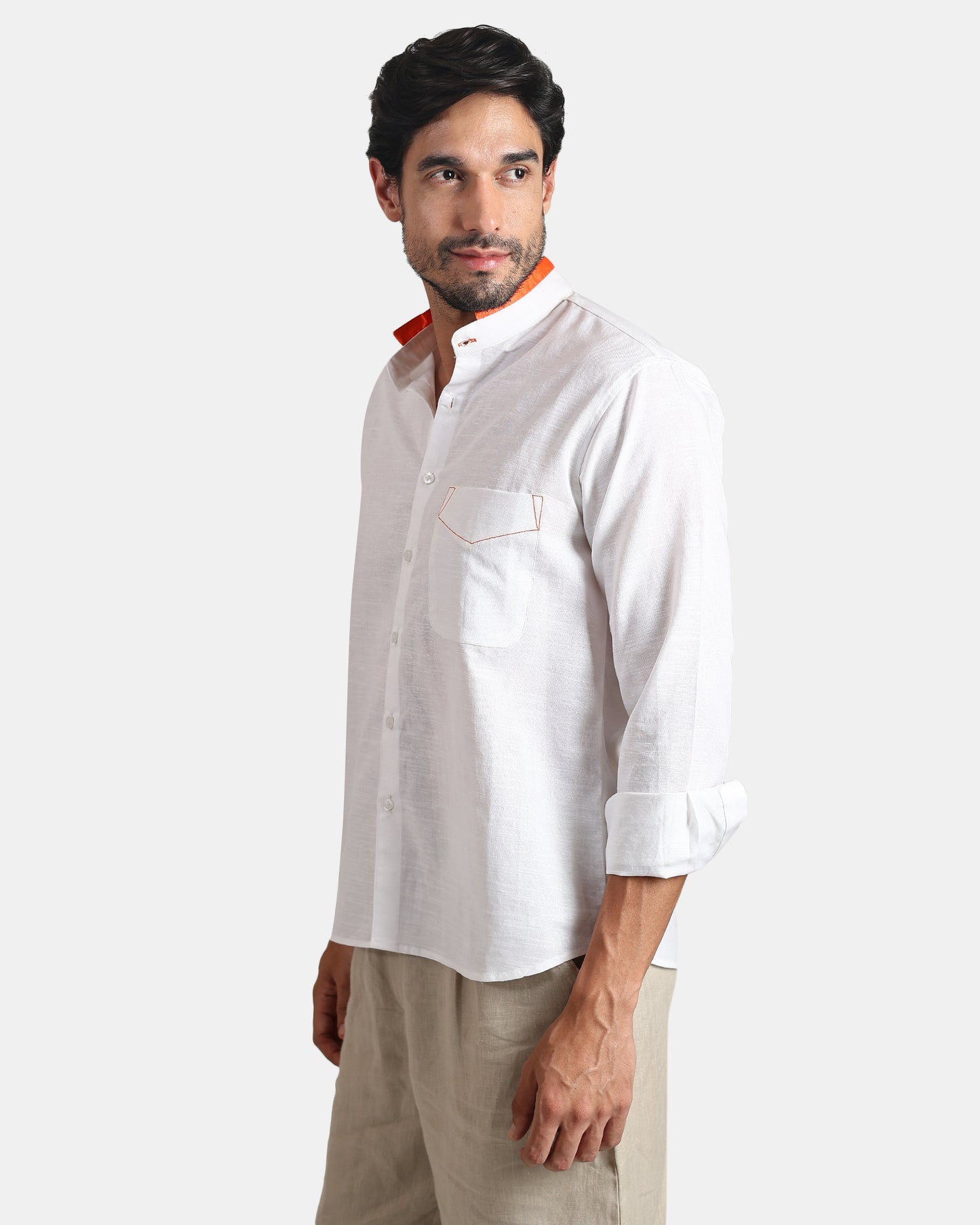 Monarch Detail Premium white Linen Shirt with Mandarin Collar with orange detailing