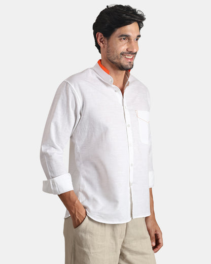Monarch Detail Premium white Linen Shirt with Mandarin Collar with orange detailing