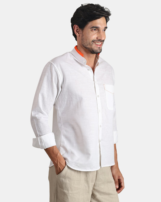 Monarch Detail Premium white Linen Shirt with Mandarin Collar with orange detailing