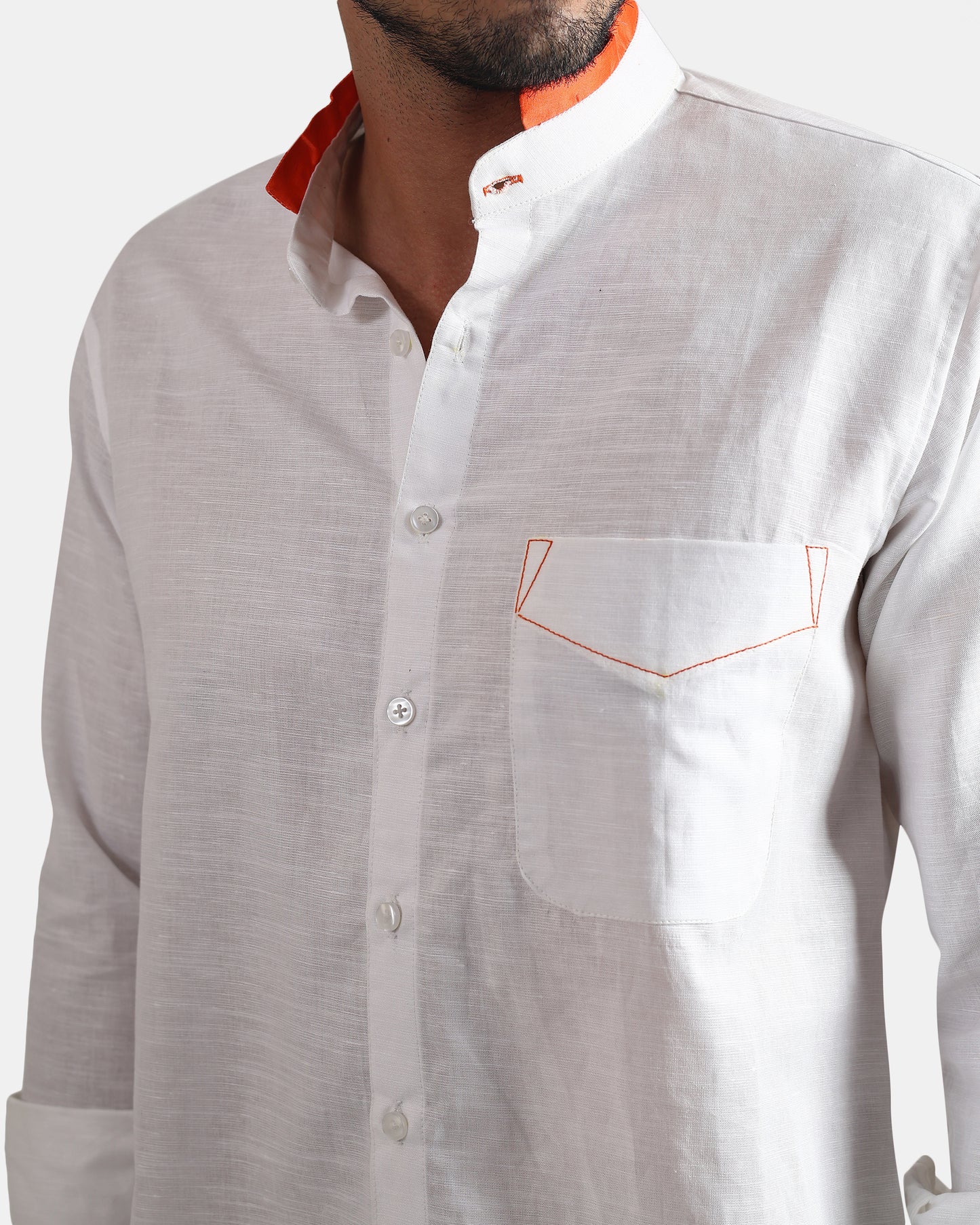 Monarch Detail Premium white Linen Shirt with Mandarin Collar with orange detailing