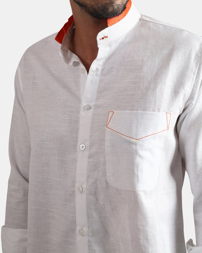 Monarch Detail Premium white Linen Shirt with Mandarin Collar with orange detailing