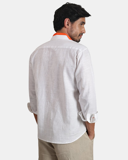 Monarch Detail Premium white Linen Shirt with Mandarin Collar with orange detailing