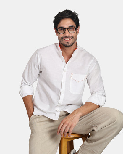Monarch Detail Premium white Linen Shirt with Mandarin Collar with orange detailing