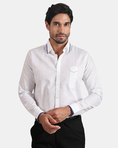 White formal Linen Shirt with Blue Piping & Signature Pen Pocket