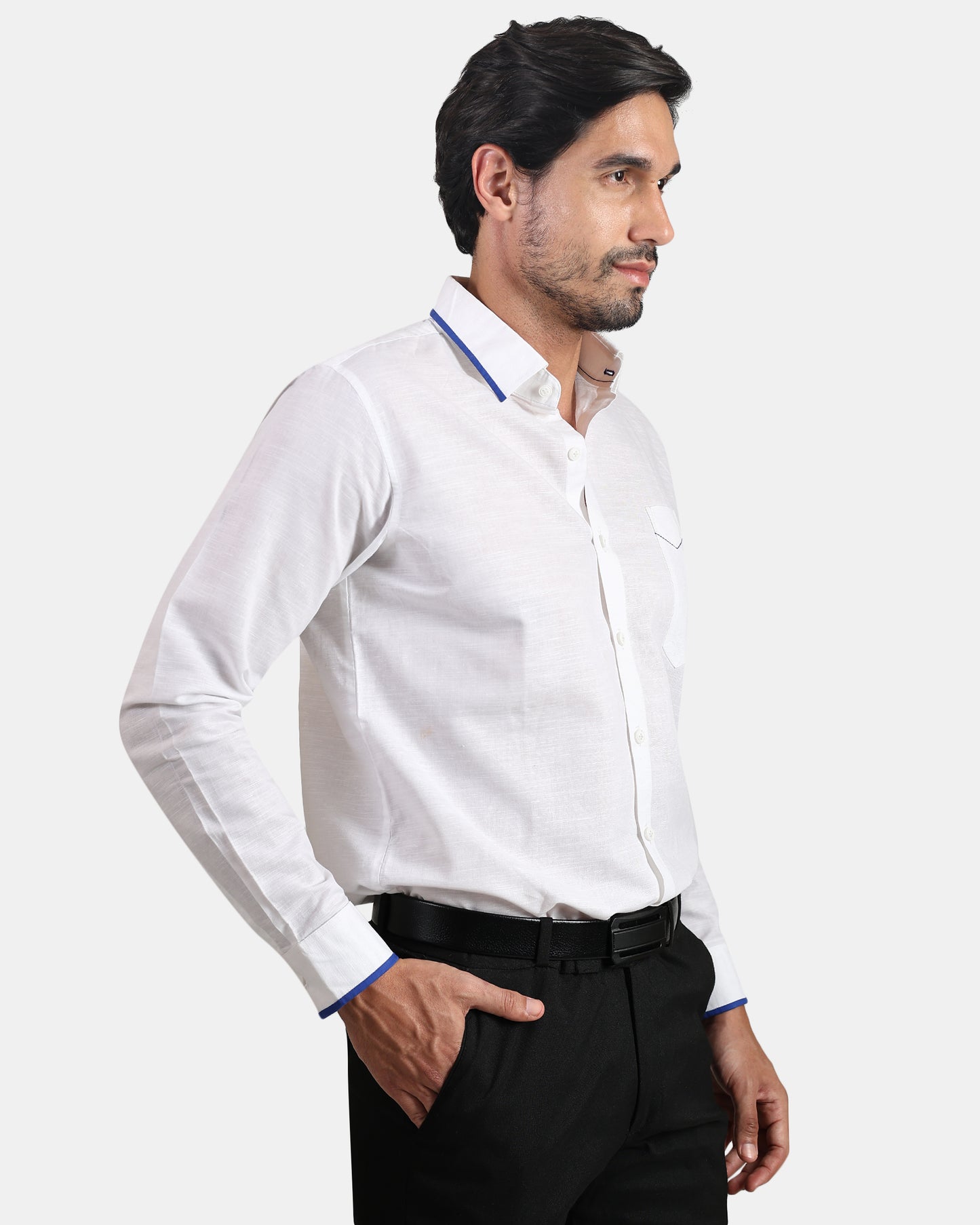 White formal Linen Shirt with Blue Piping & Signature Pen Pocket