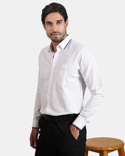 White formal Linen Shirt with Blue Piping & Signature Pen Pocket