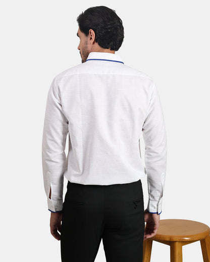 White formal Linen Shirt with Blue Piping & Signature Pen Pocket