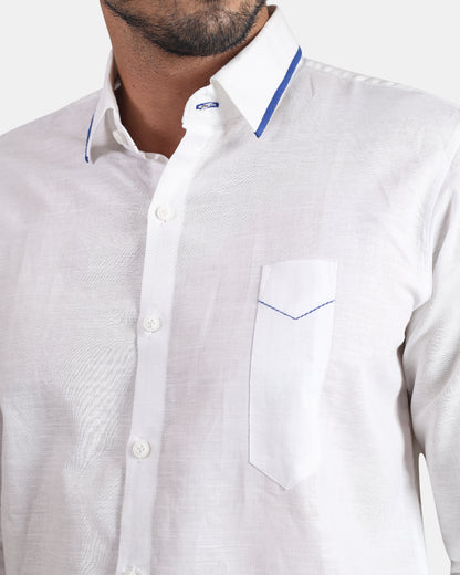 White formal Linen Shirt with Blue Piping & Signature Pen Pocket