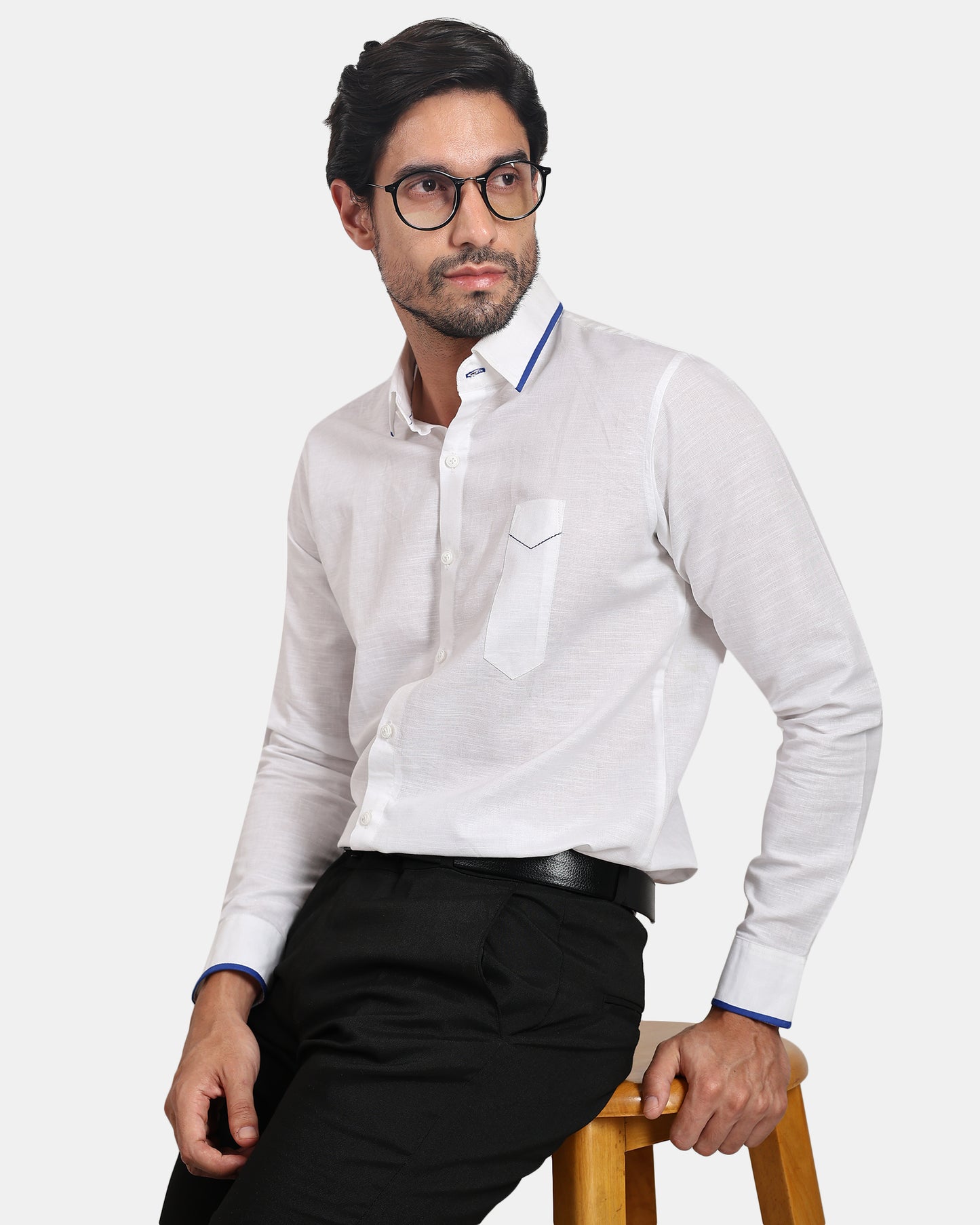 White formal Linen Shirt with Blue Piping & Signature Pen Pocket