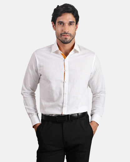 Unmissable white Formal Linen Shirt with Orange Bandhej Print Detailing