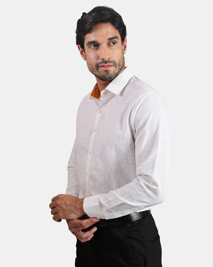 Unmissable white Formal Linen Shirt with Orange Bandhej Print Detailing
