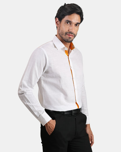 Unmissable white Formal Linen Shirt with Orange Bandhej Print Detailing