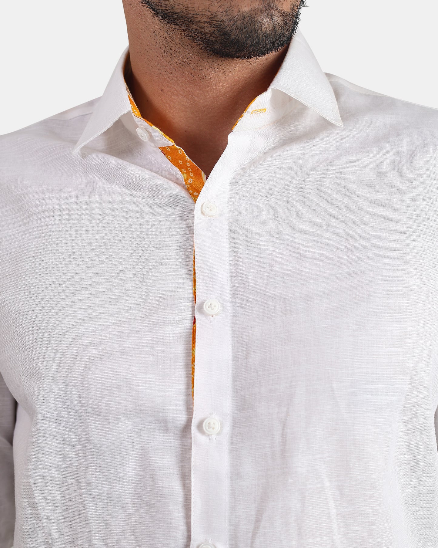 Unmissable white Formal Linen Shirt with Orange Bandhej Print Detailing