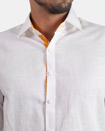 Unmissable white Formal Linen Shirt with Orange Bandhej Print Detailing