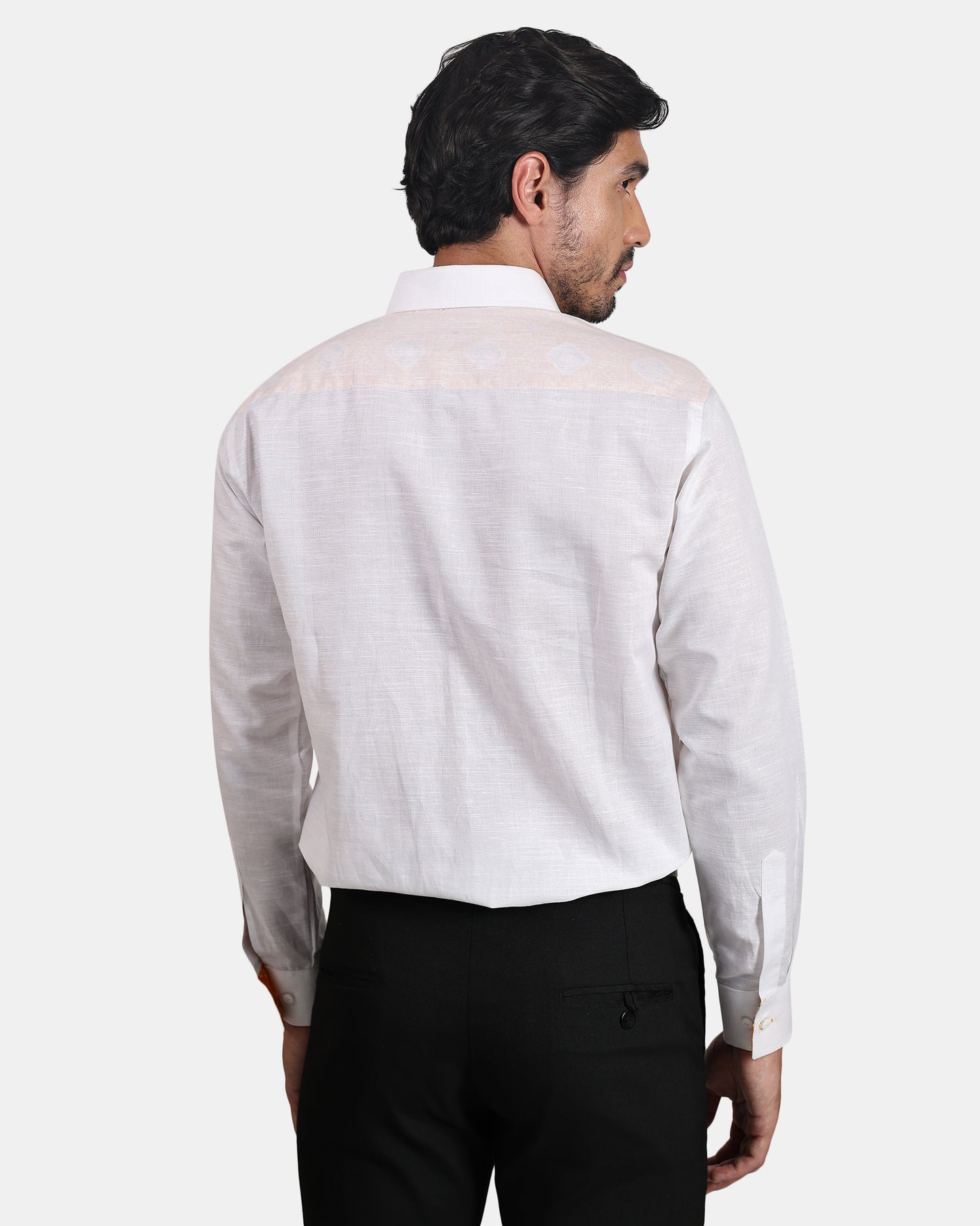 Unmissable white Formal Linen Shirt with Orange Bandhej Print Detailing
