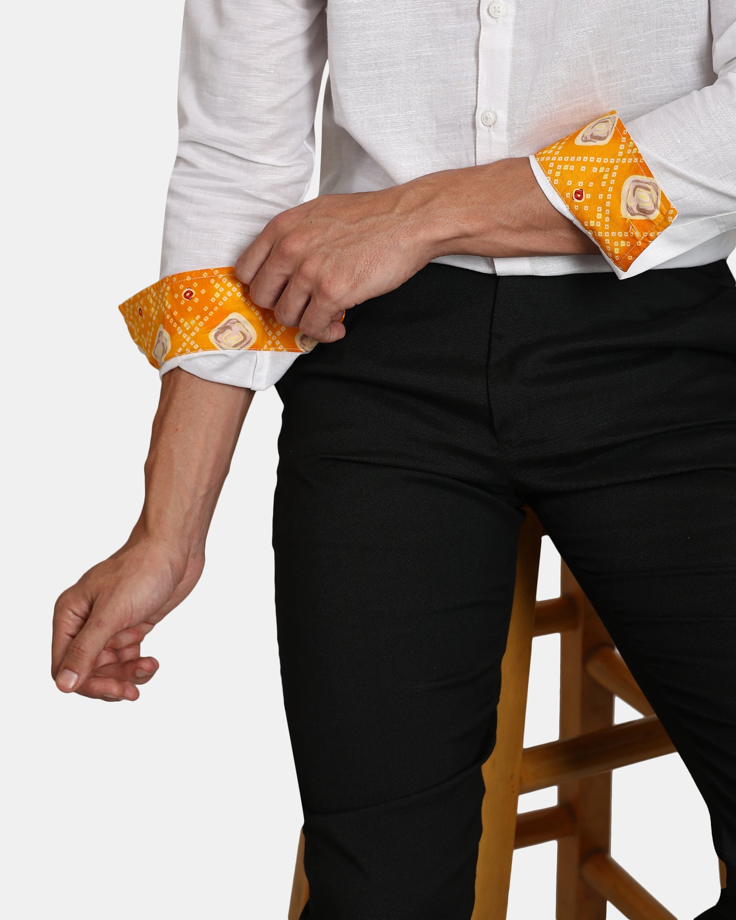 Unmissable white Formal Linen Shirt with Orange Bandhej Print Detailing