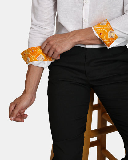 Unmissable white Formal Linen Shirt with Orange Bandhej Print Detailing
