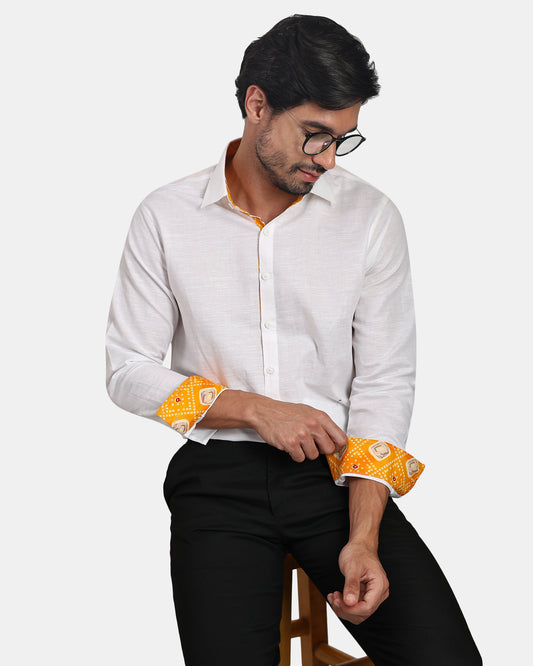 Unmissable white Formal Linen Shirt with Orange Bandhej Print Detailing