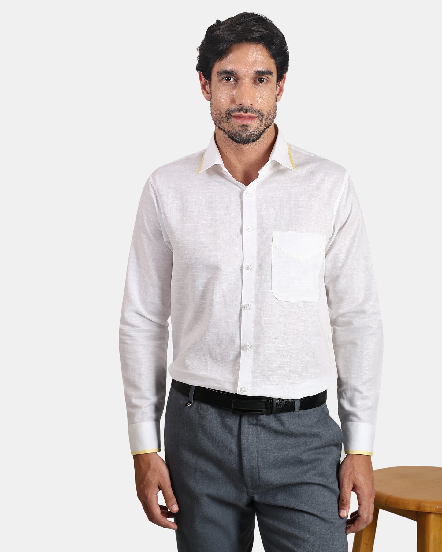 Golden Edge White Premium Formal Linen Shirt for Men | White Shirt with light Yellow Piping
