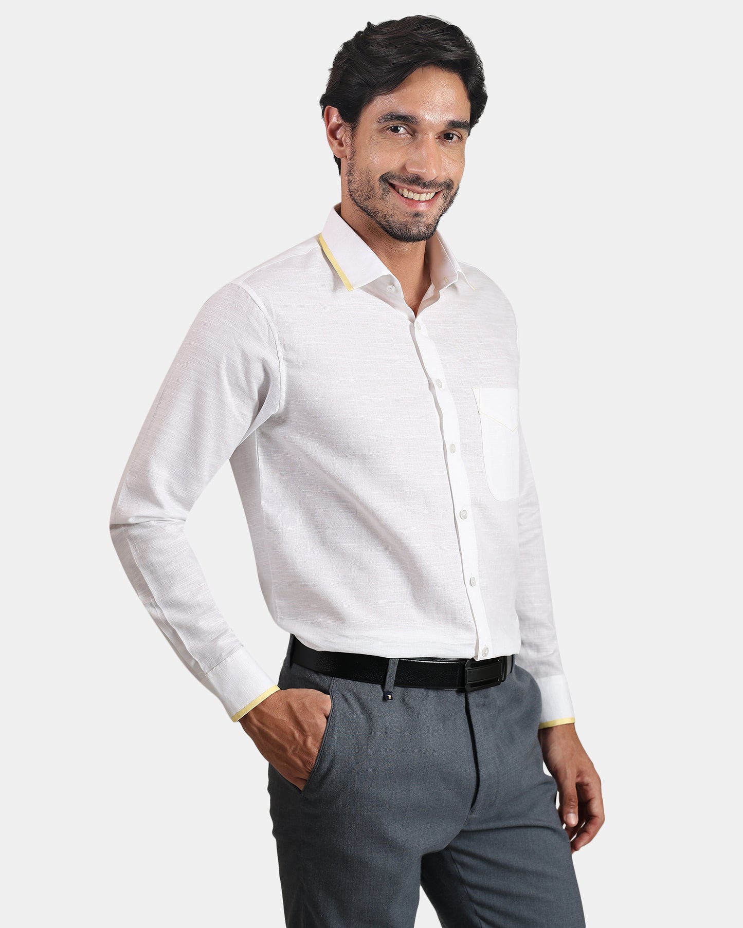 Golden Edge White Premium Formal Linen Shirt for Men | White Shirt with light Yellow Piping