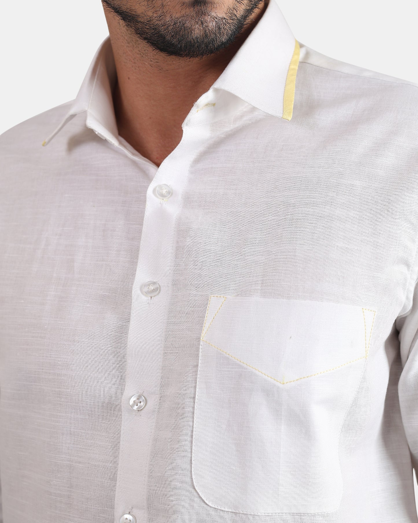 Golden Edge White Premium Formal Linen Shirt for Men | White Shirt with light Yellow Piping