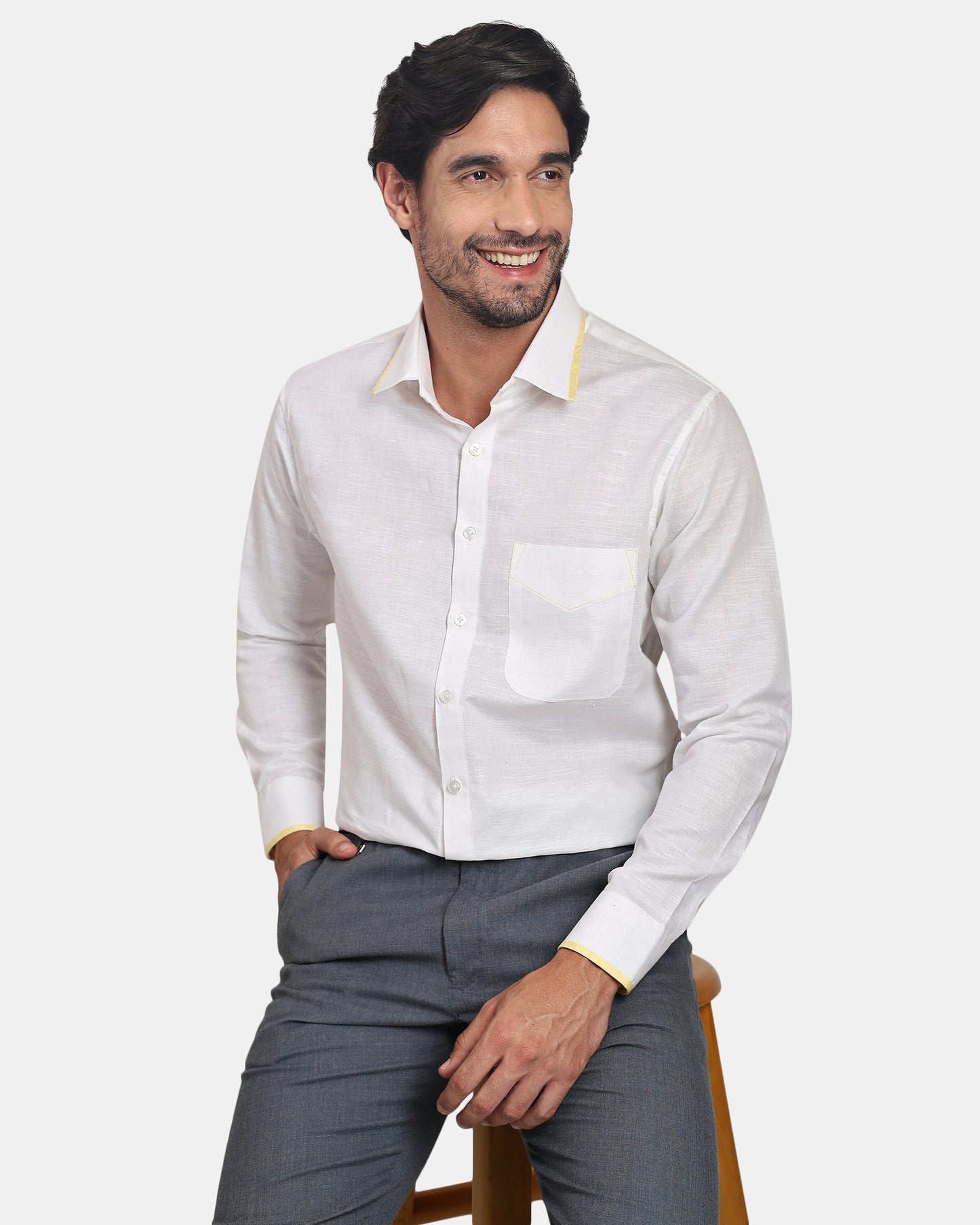 Golden Edge White Premium Formal Linen Shirt for Men | White Shirt with light Yellow Piping