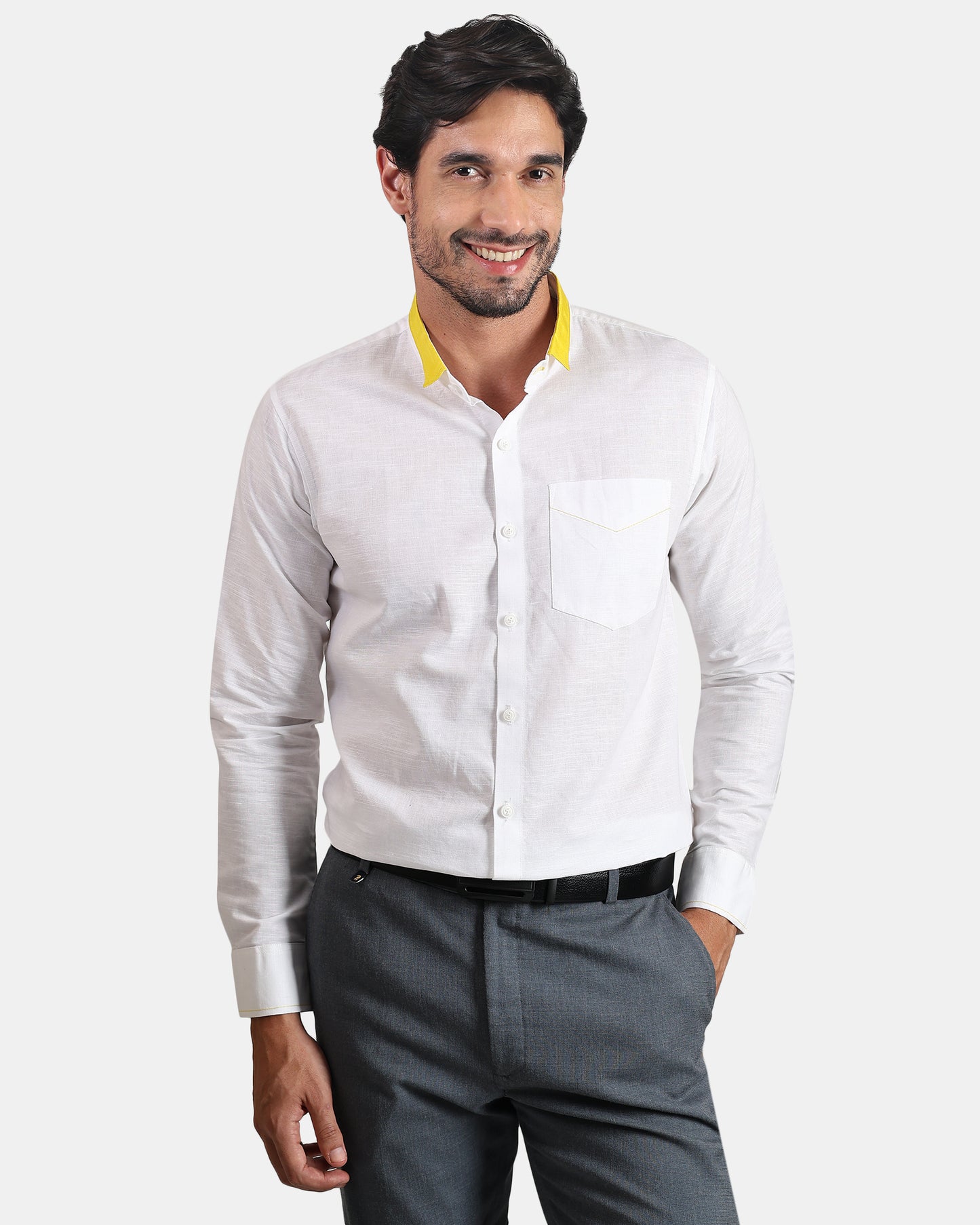 Sunline White Premium Formal Linen Shirt for Men with Yellow Accent Short Collar