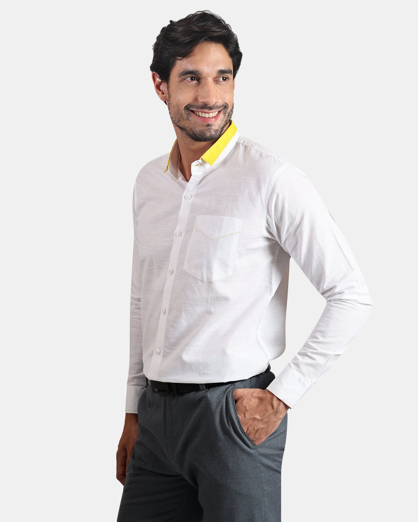Sunline White Premium Formal Linen Shirt for Men with Yellow Accent Short Collar