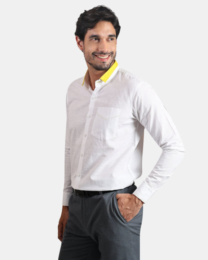 Sunline White Premium Formal Linen Shirt for Men with Yellow Accent Short Collar