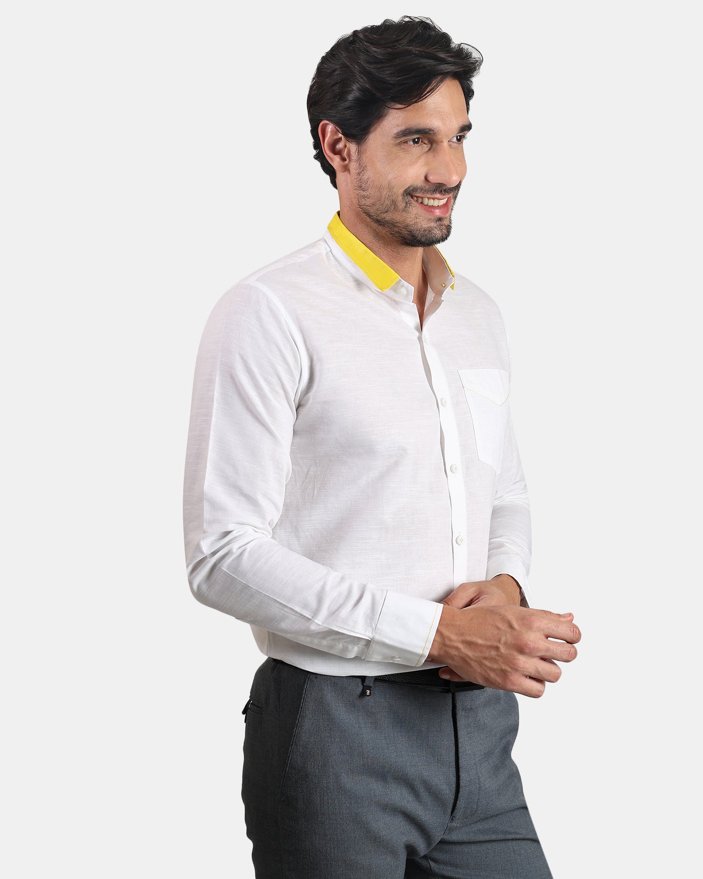 Sunline White Premium Formal Linen Shirt for Men with Yellow Accent Short Collar