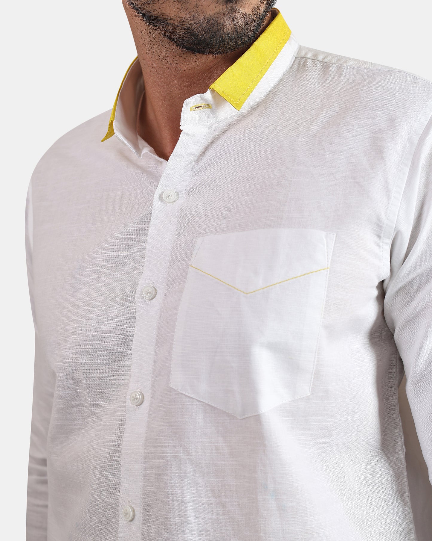 Sunline White Premium Formal Linen Shirt for Men with Yellow Accent Short Collar