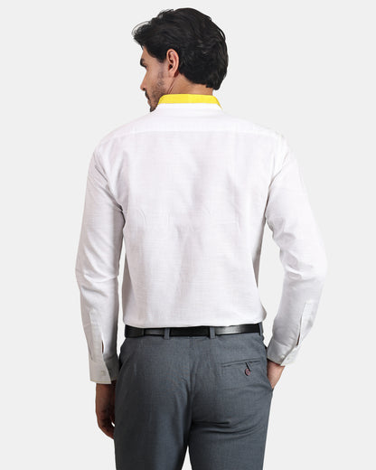 Sunline White Premium Formal Linen Shirt for Men with Yellow Accent Short Collar