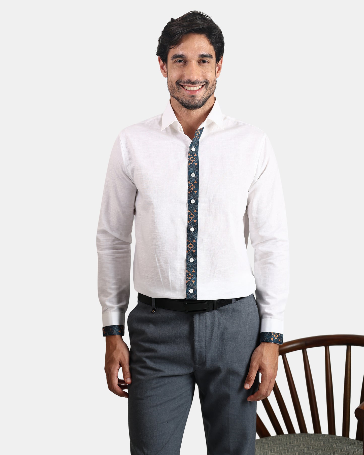 Tribal Crest White formal Linen Shirt with Placket and Cuff detailing
