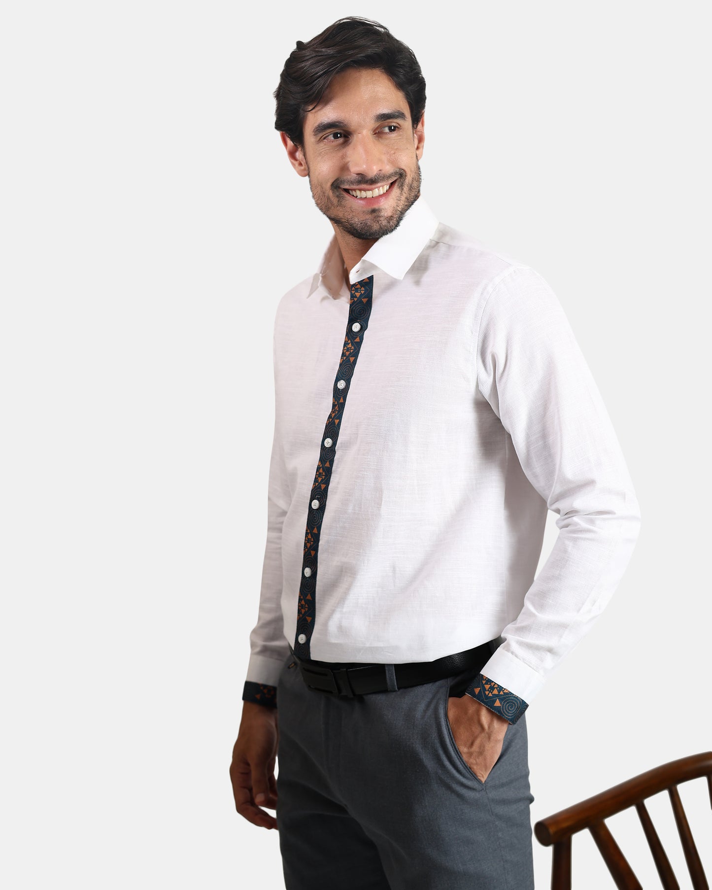 Tribal Crest White formal Linen Shirt with Placket and Cuff detailing