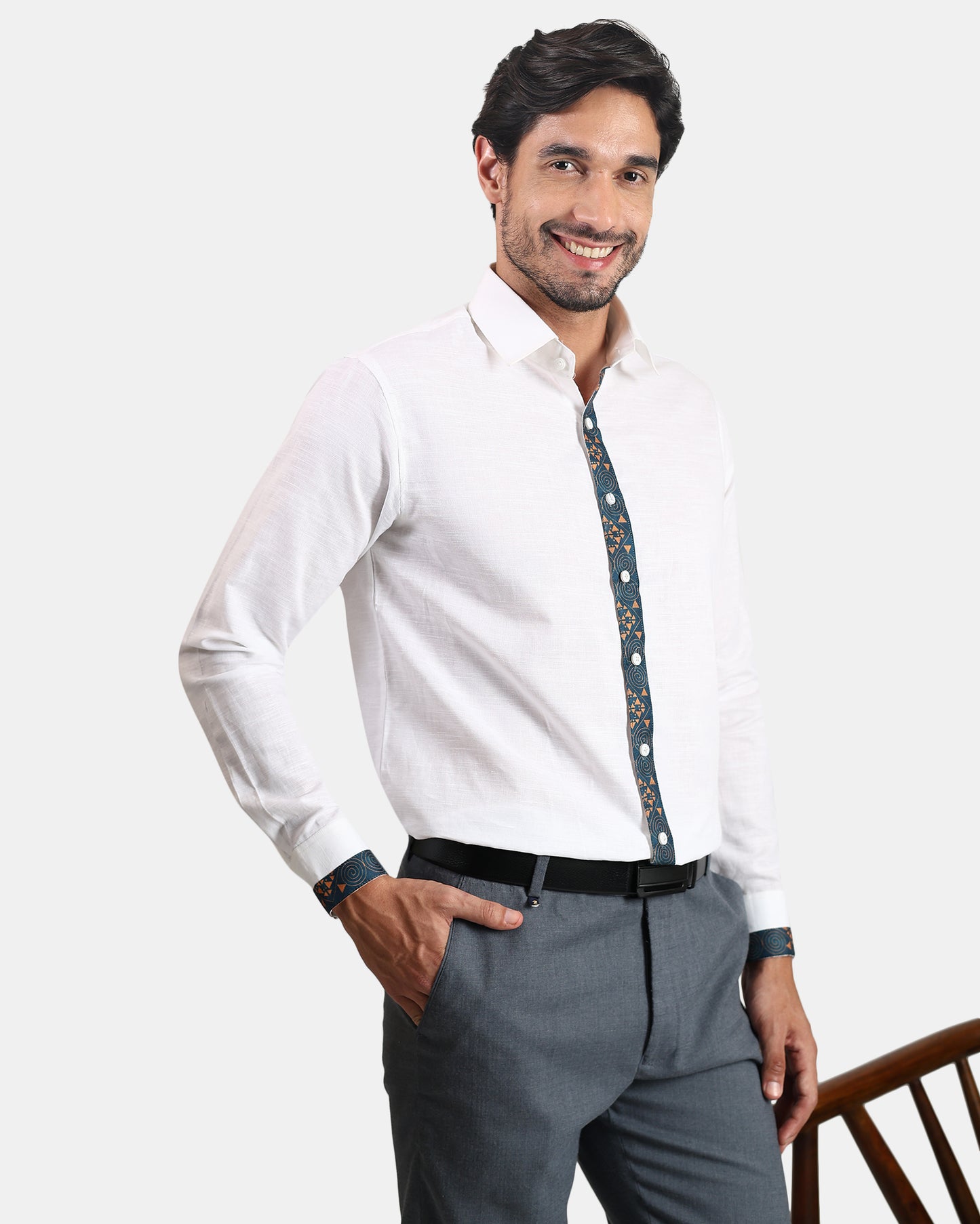 Tribal Crest White formal Linen Shirt with Placket and Cuff detailing