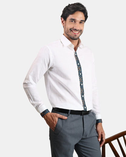 Tribal Crest White formal Linen Shirt with Placket and Cuff detailing